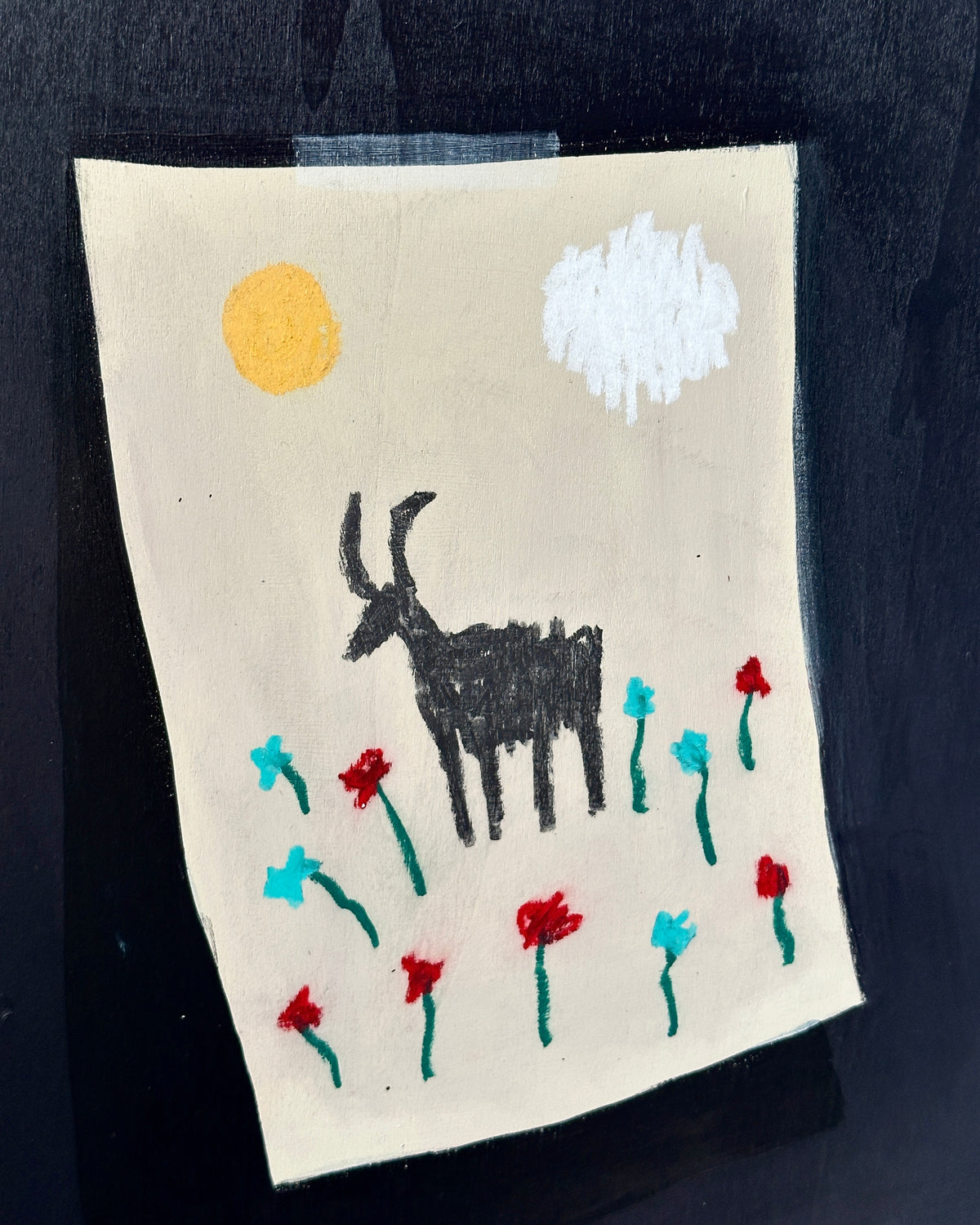 A painting of a drawing of a magical goat.