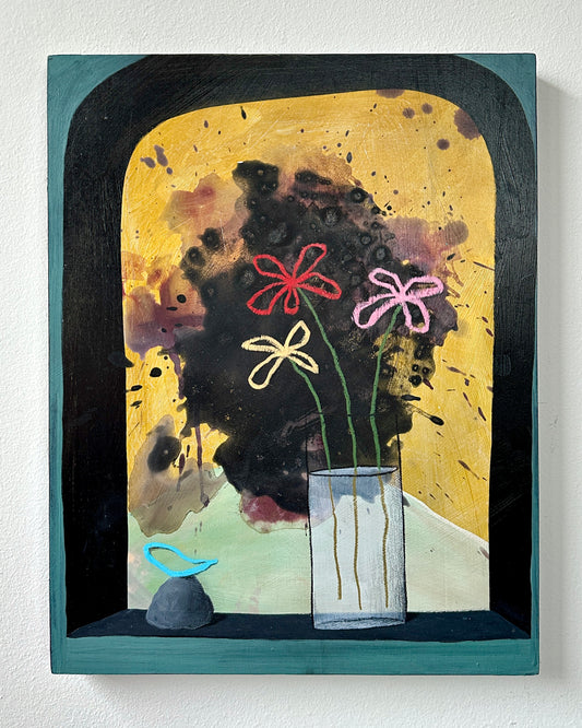 Plastic flowers in a glass with milk (witch gift)